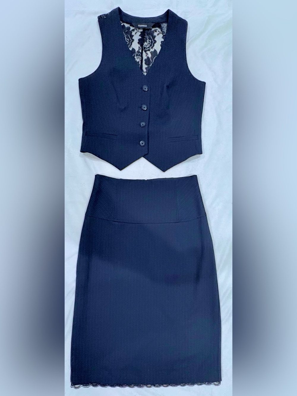 Express Navy Blue Pinstriped Pencil Skirt w/Matching Vest Suit - Picture 7 of 10